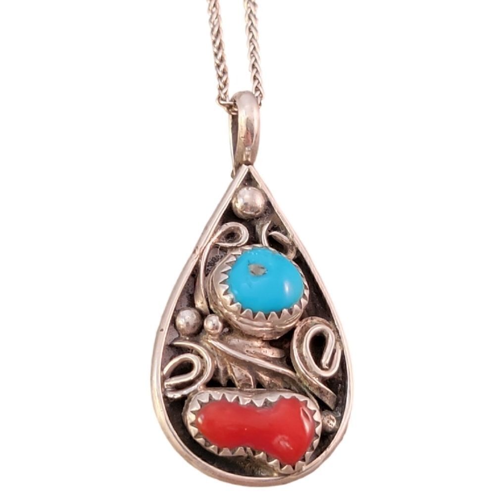 Sterling Navajo Jeff Largo Blue Turquoise Red Coral Tear Drop Pendant Necklace